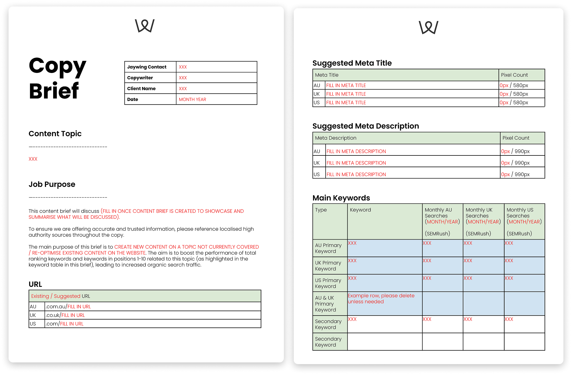 Multi market content brief template
